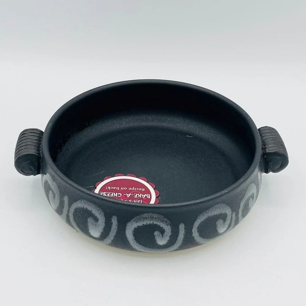 Black and white swirl glazed handmade baking dish by Jan's Pottery gouda recipe